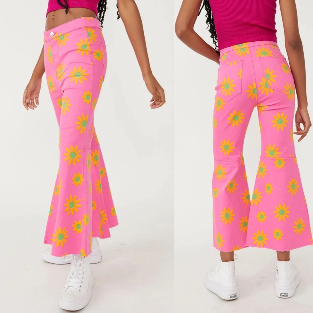Free People Pink Floral Flared Ankle Pants